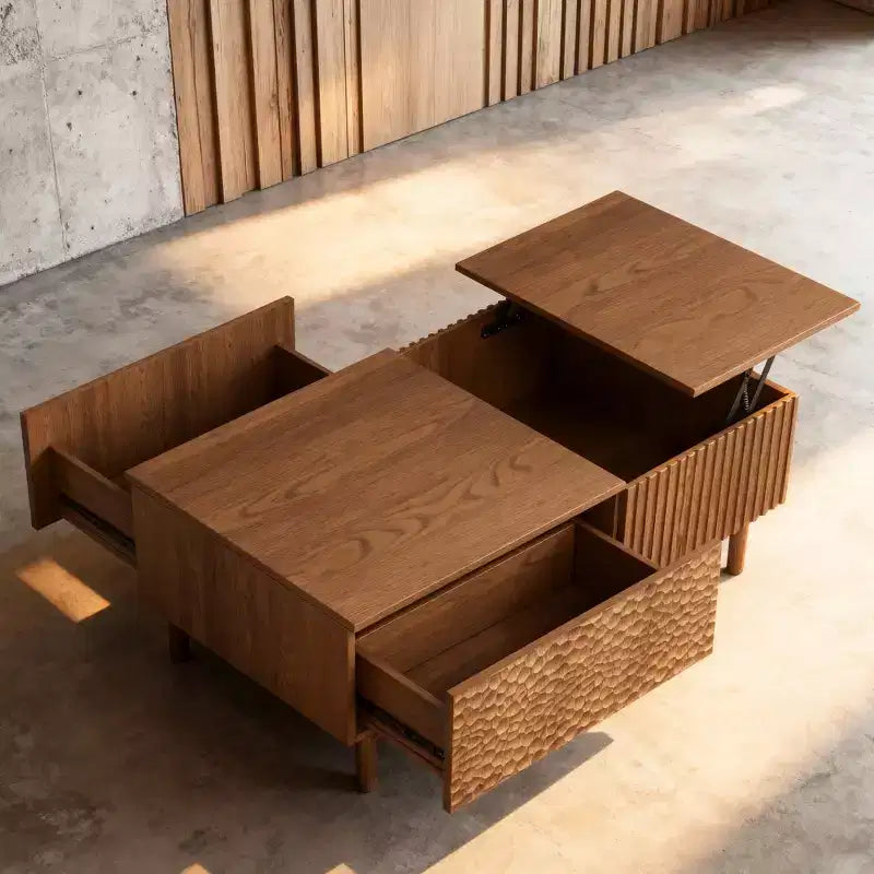 Modern Fluted Lift-Top Coffee Table with Hidden Storage & Artisan-Textured Drawers - Walnut Gaoyangjiaju