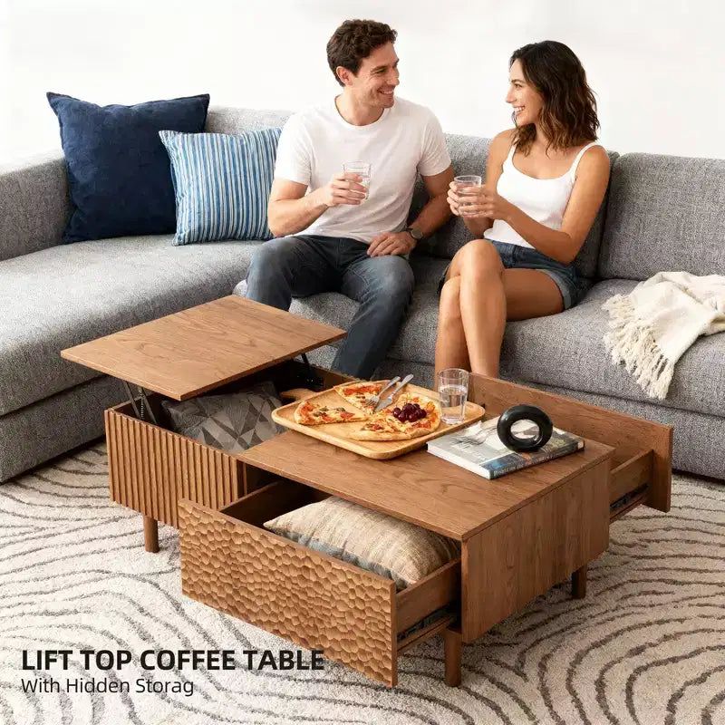 Modern Fluted Lift-Top Coffee Table with Hidden Storage & Artisan-Textured Drawers - Walnut Gaoyangjiaju