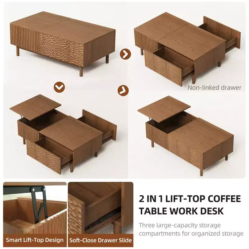 Modern Fluted Lift-Top Coffee Table with Hidden Storage & Artisan-Textured Drawers - Walnut Gaoyangjiaju
