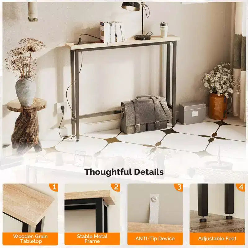 Oak-colored 1-piece Set Melamine + Iron Hallway Table with Power Strip