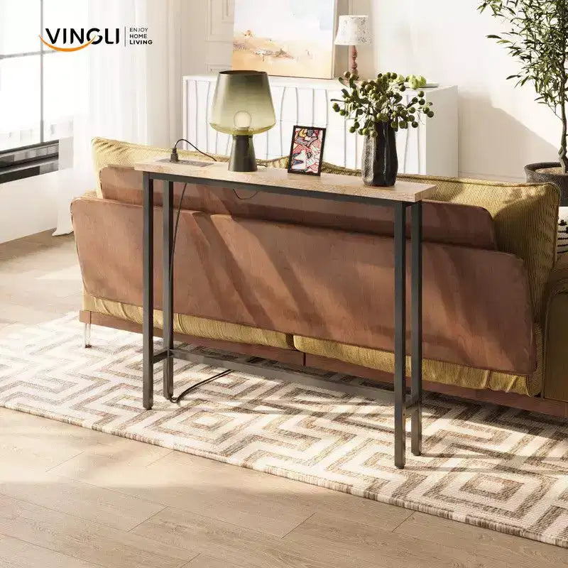 Oak-colored 1-piece Set Melamine + Iron Hallway Table with Power Strip