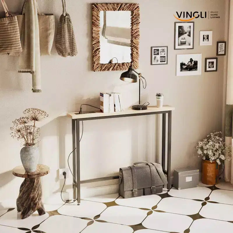 Oak-colored 1-piece Set Melamine + Iron Hallway Table with Power Strip