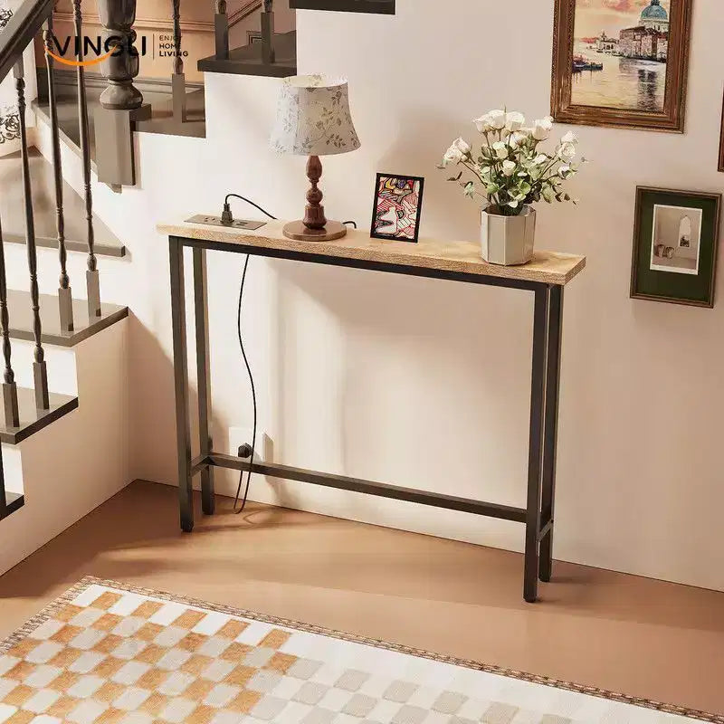 Oak-colored 1-piece Set Melamine + Iron Hallway Table with Power Strip