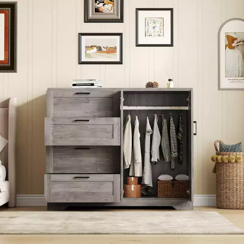 43.3" H Wooden Dresser with Storage Closet, Armoire Wardrobe with 4 Drawers and 2 Doors