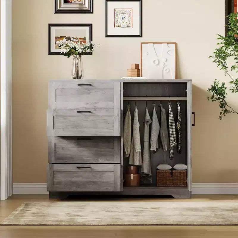 43.3 H Wooden Dresser with Storage Closet, Armoire Wardrobe Closet with 4 Drawers and 2 Doors