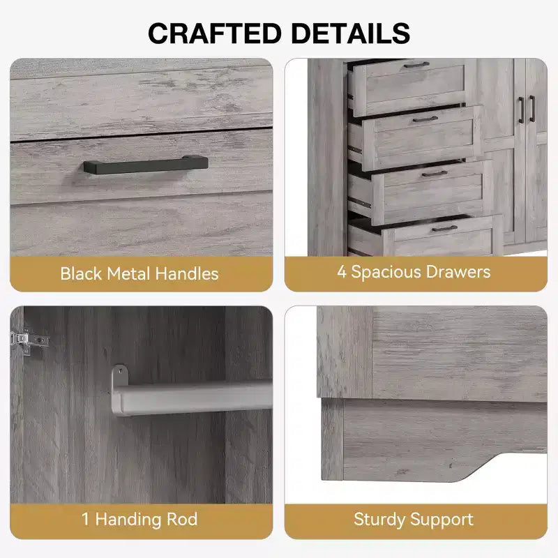 43.3 H Wooden Dresser with Storage Closet, Armoire Wardrobe Closet with 4 Drawers and 2 Doors