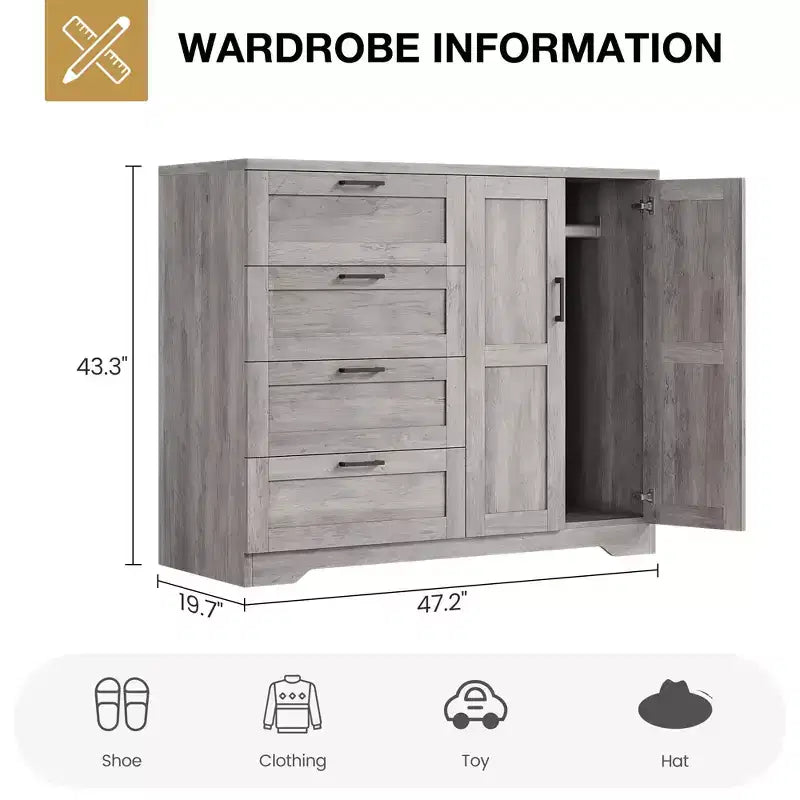 43.3 H Wooden Dresser with Storage Closet, Armoire Wardrobe Closet with 4 Drawers and 2 Doors