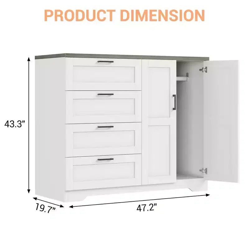 43.3 H Wooden Dresser with Storage Closet, Armoire Wardrobe Closet with 4 Drawers and 2 Doors