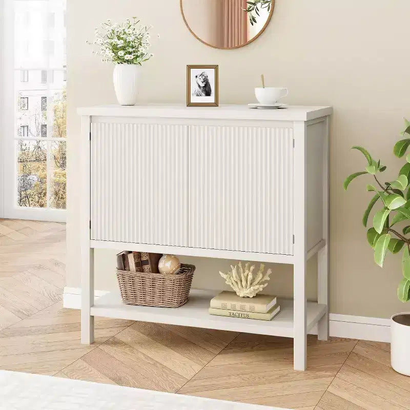 Narrow Sofa Tables with Storage, Console Table with 2-Door, Modern Sideboard with Storage Shelf, Coffee Bar for Living Room, Office White