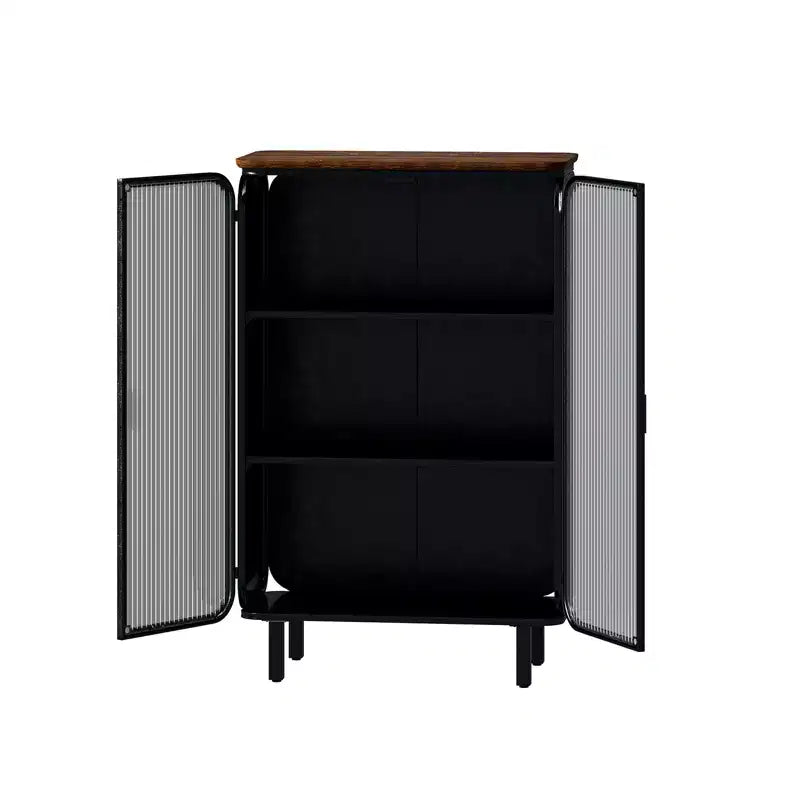 Modern Two-Door Cabinet with Glass Doors Featuring Three-Tier Storage 28.35 Unique Fir Cabinet Top for Entryway Home Black