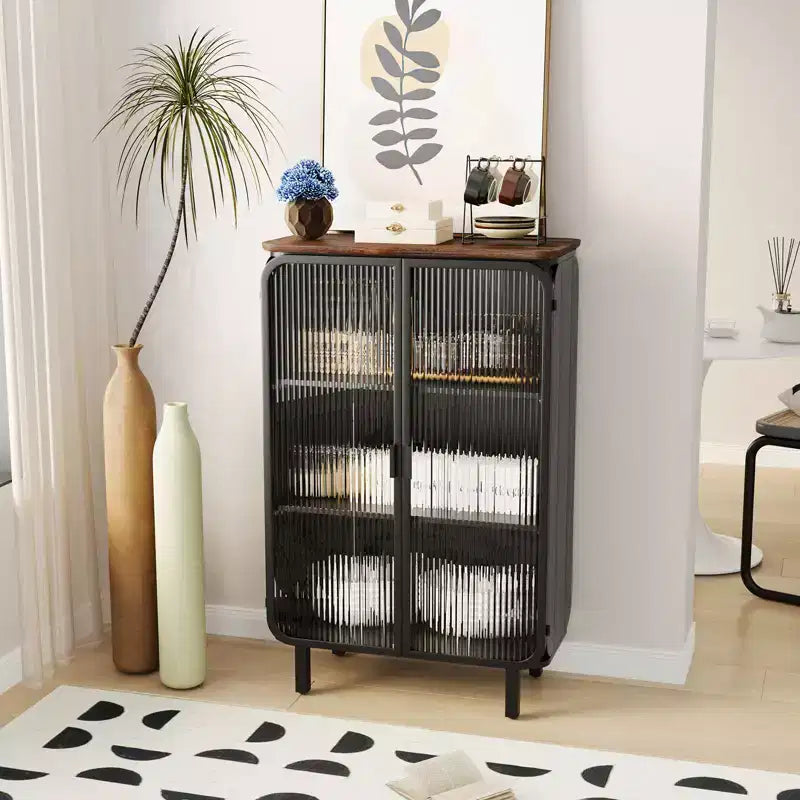 Modern Two-Door Cabinet with Glass Doors Featuring Three-Tier Storage 28.35 Unique Fir Cabinet Top for Entryway Home Black