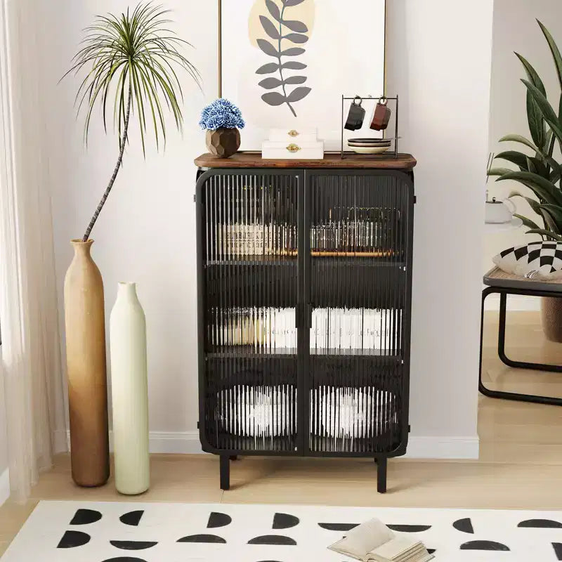 Modern Two-Door Cabinet with Glass Doors Featuring Three-Tier Storage 28.35 Unique Fir Cabinet Top for Entryway Home Black