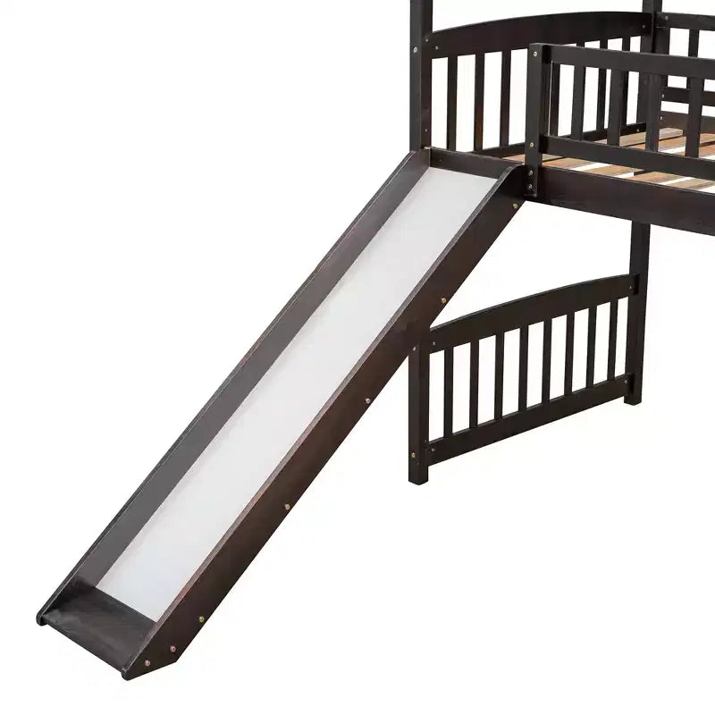 Twin House Loft Bed with Slide, Wood Playhouse Loft Bed Frame with Ladder and Roof