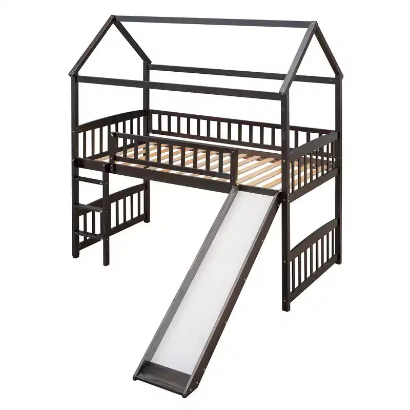 Twin House Loft Bed with Slide, Wood Playhouse Loft Bed Frame with Ladder and Roof