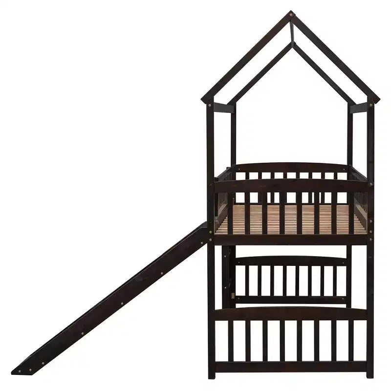 Twin House Loft Bed with Slide, Wood Playhouse Loft Bed Frame with Ladder and Roof