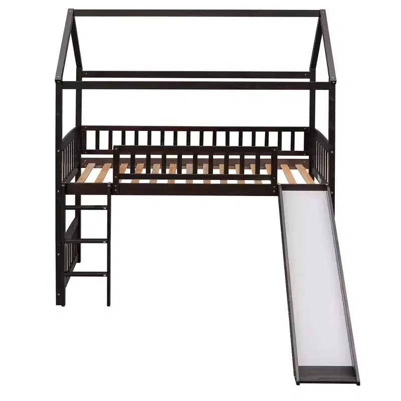 Twin House Loft Bed with Slide, Wood Playhouse Loft Bed Frame with Ladder and Roof