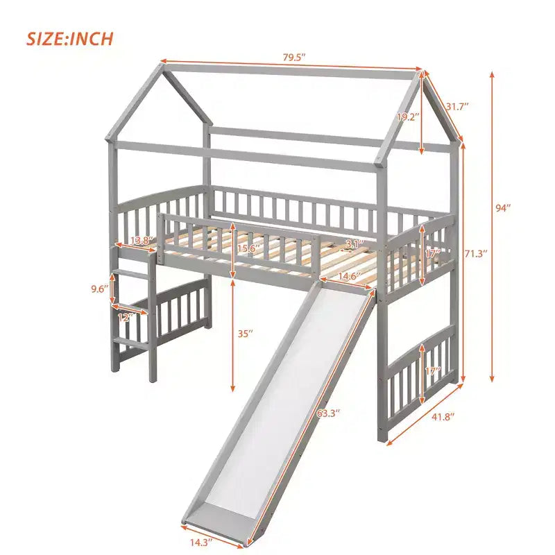 Twin House Loft Bed with Slide, Wood Playhouse Loft Bed Frame with Ladder and Roof