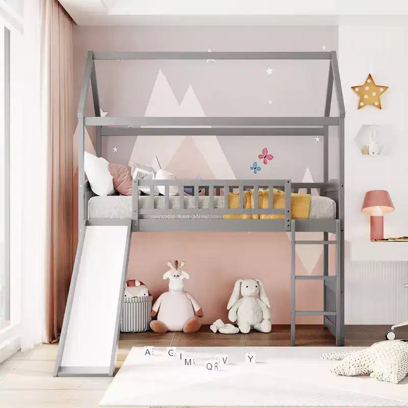 Twin House Loft Bed with Slide, Wood Playhouse Loft Bed Frame with Ladder and Roof