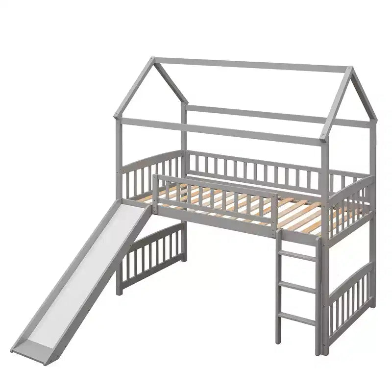 Twin House Loft Bed with Slide, Wood Playhouse Loft Bed Frame with Ladder and Roof