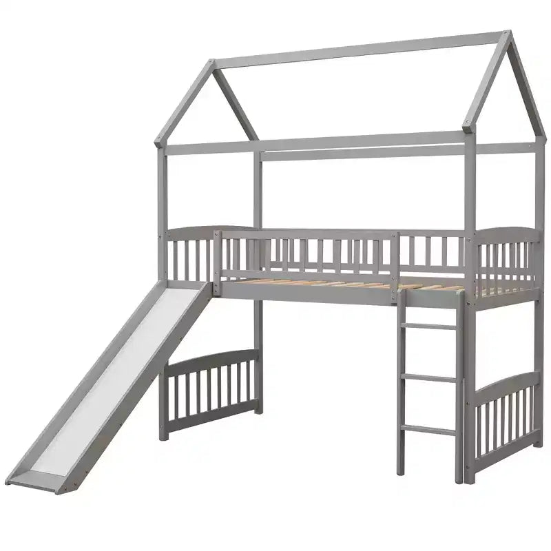 Twin House Loft Bed with Slide, Wood Playhouse Loft Bed Frame with Ladder and Roof