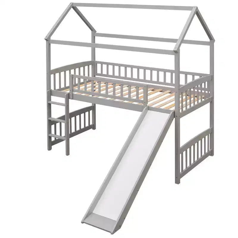 Twin House Loft Bed with Slide, Wood Playhouse Loft Bed Frame with Ladder and Roof