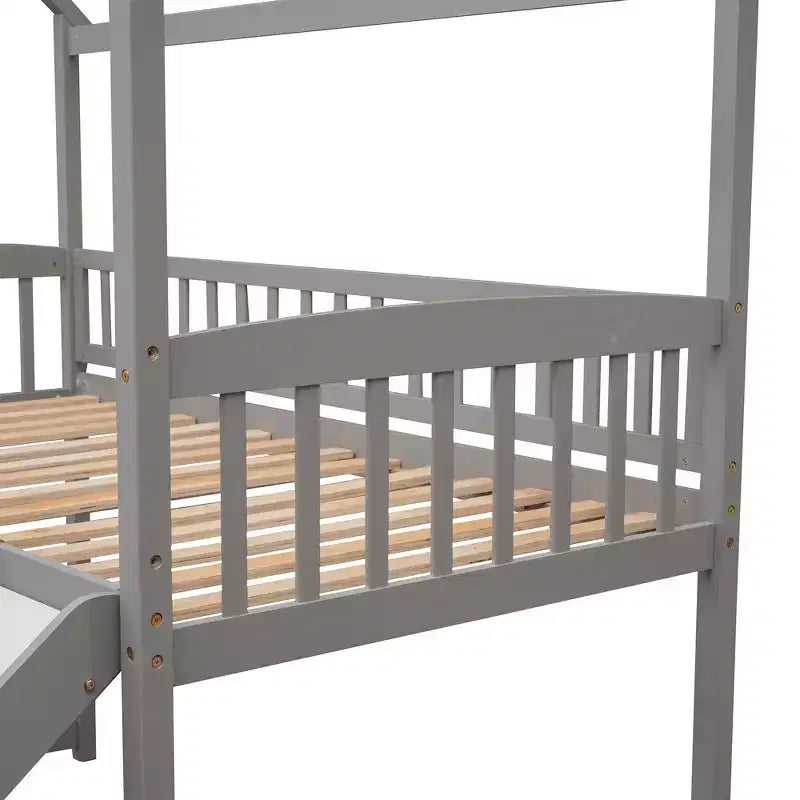 Twin House Loft Bed with Slide, Wood Playhouse Loft Bed Frame with Ladder and Roof