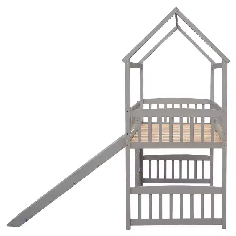 Twin House Loft Bed with Slide, Wood Playhouse Loft Bed Frame with Ladder and Roof