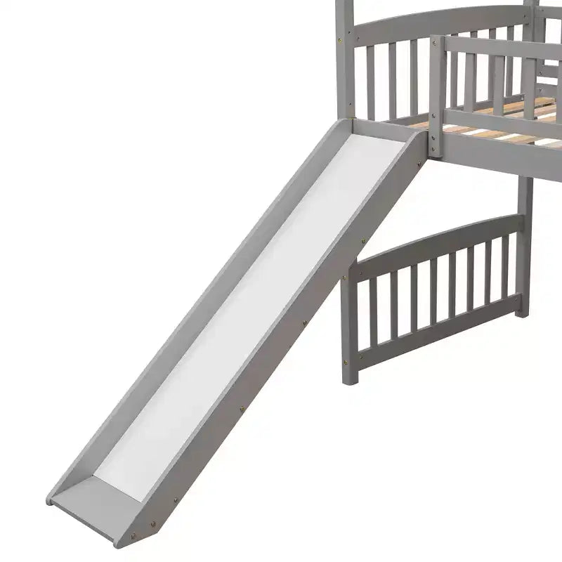 Twin House Loft Bed with Slide, Wood Playhouse Loft Bed Frame with Ladder and Roof