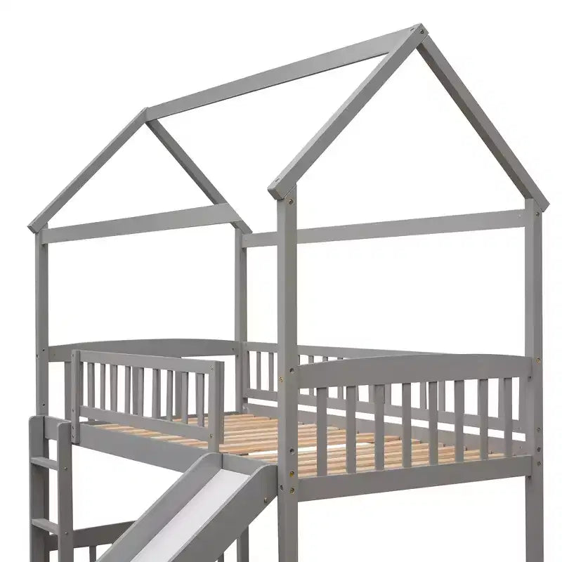 Twin House Loft Bed with Slide, Wood Playhouse Loft Bed Frame with Ladder and Roof