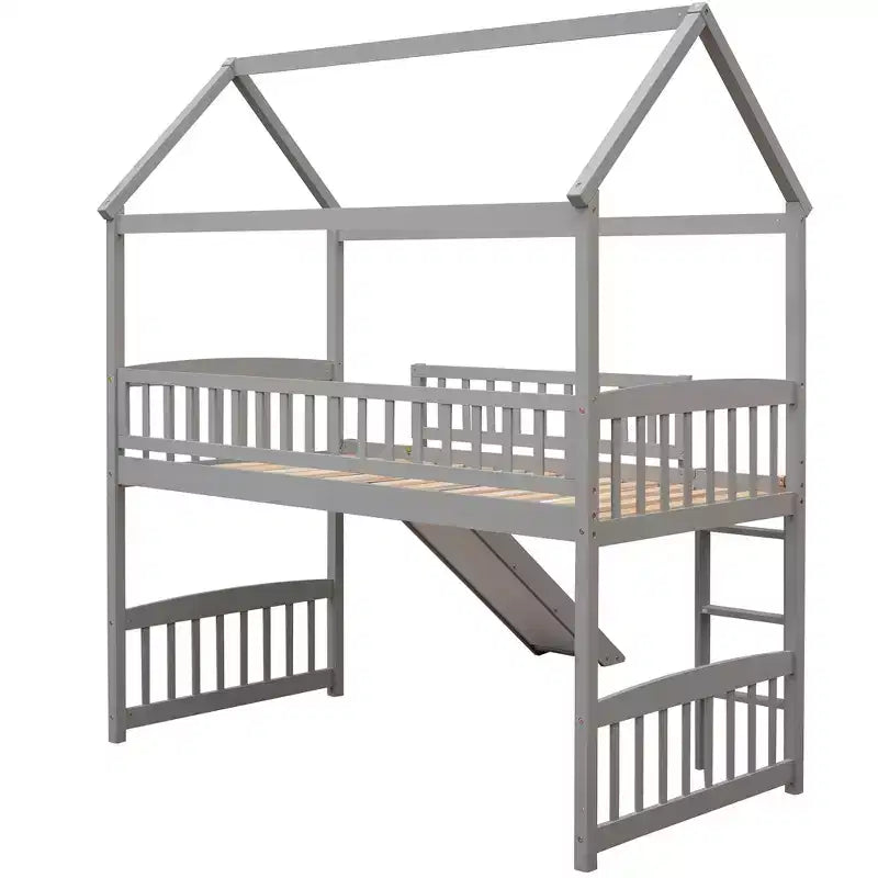 Twin House Loft Bed with Slide, Wood Playhouse Loft Bed Frame with Ladder and Roof