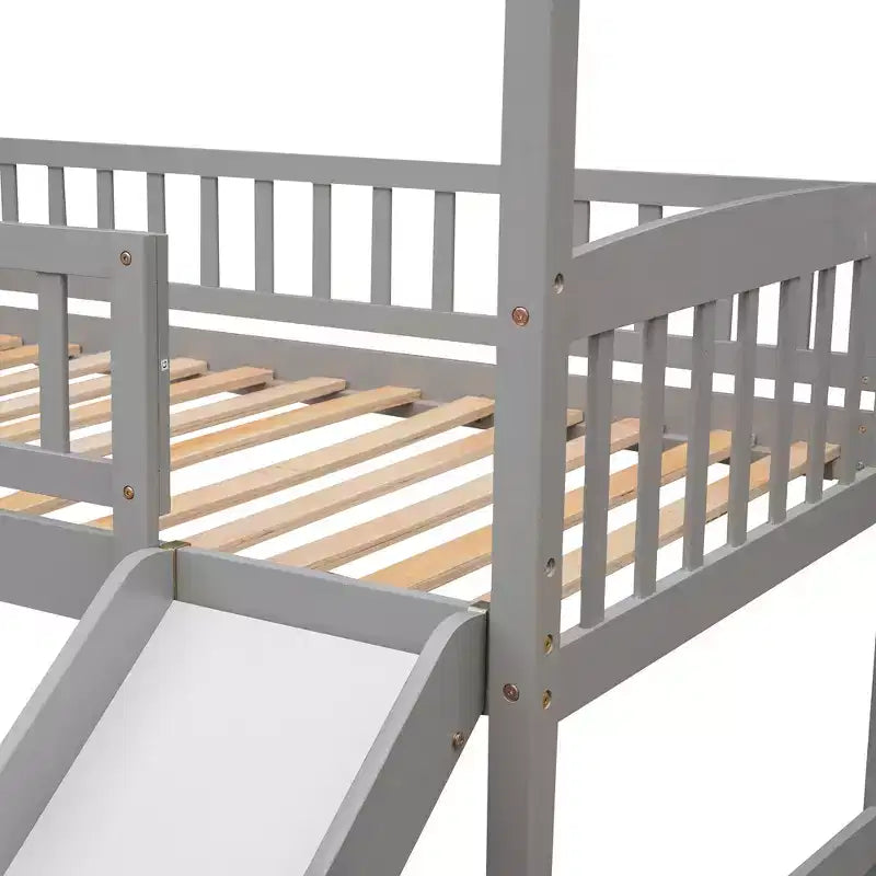 Twin House Loft Bed with Slide, Wood Playhouse Loft Bed Frame with Ladder and Roof
