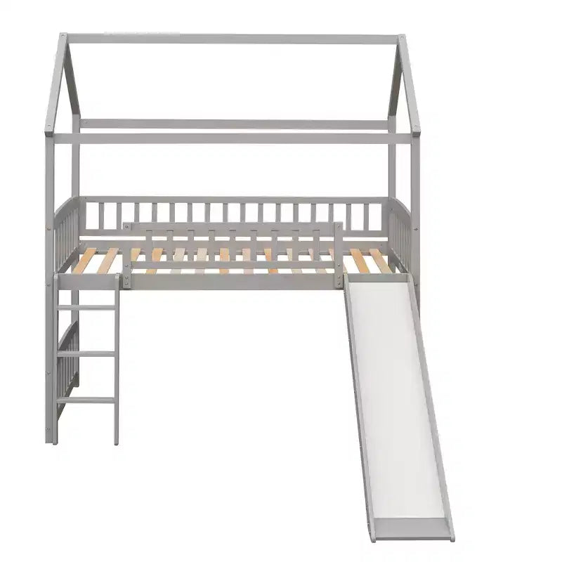 Twin House Loft Bed with Slide, Wood Playhouse Loft Bed Frame with Ladder and Roof