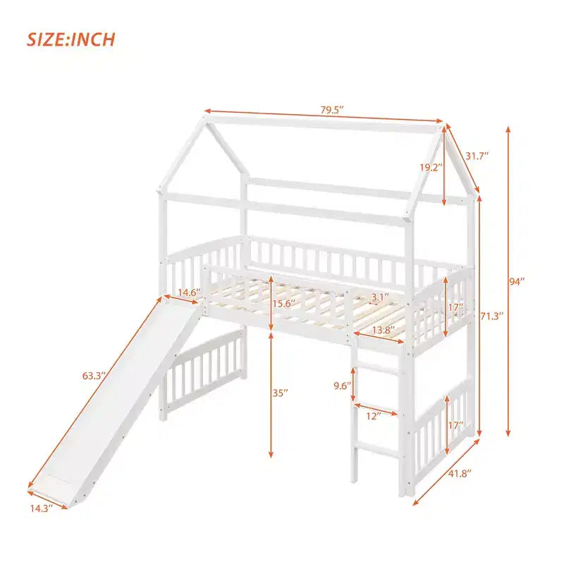 Twin House Loft Bed with Slide, Wood Playhouse Loft Bed Frame with Ladder and Roof