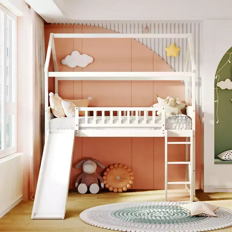 Twin House Loft Bed with Slide, Wood Playhouse Loft Bed Frame with Ladder and Roof