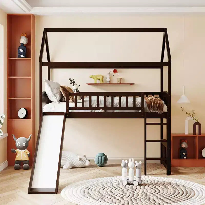 Twin House Loft Bed with Slide, Wood Playhouse Loft Bed Frame with Ladder and Roof
