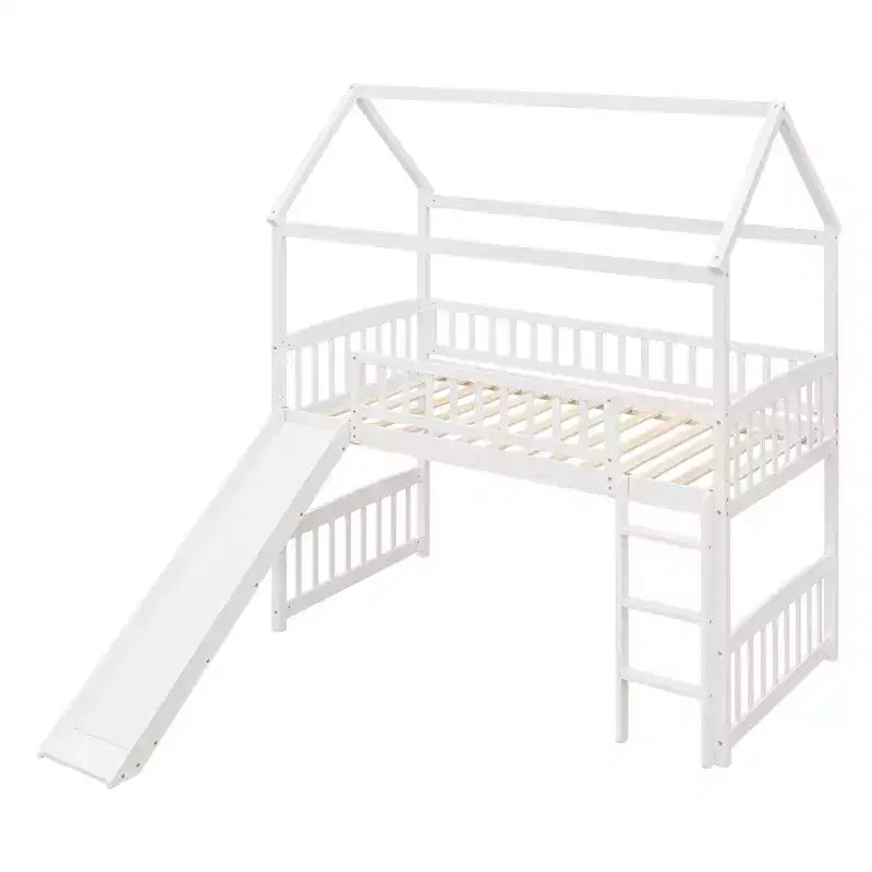 Twin House Loft Bed with Slide, Wood Playhouse Loft Bed Frame with Ladder and Roof