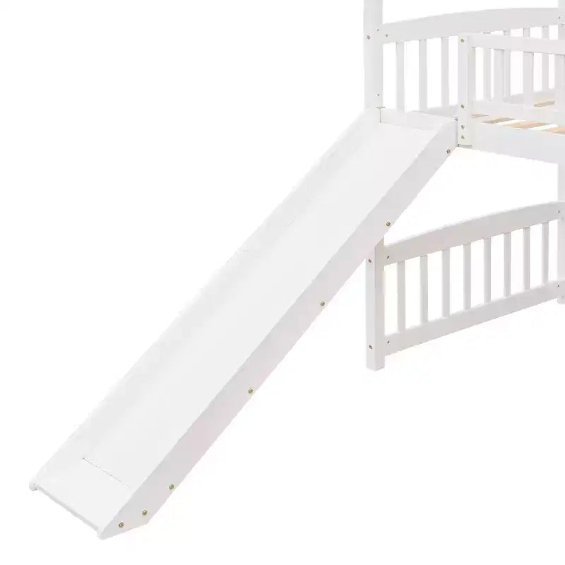Twin House Loft Bed with Slide, Wood Playhouse Loft Bed Frame with Ladder and Roof