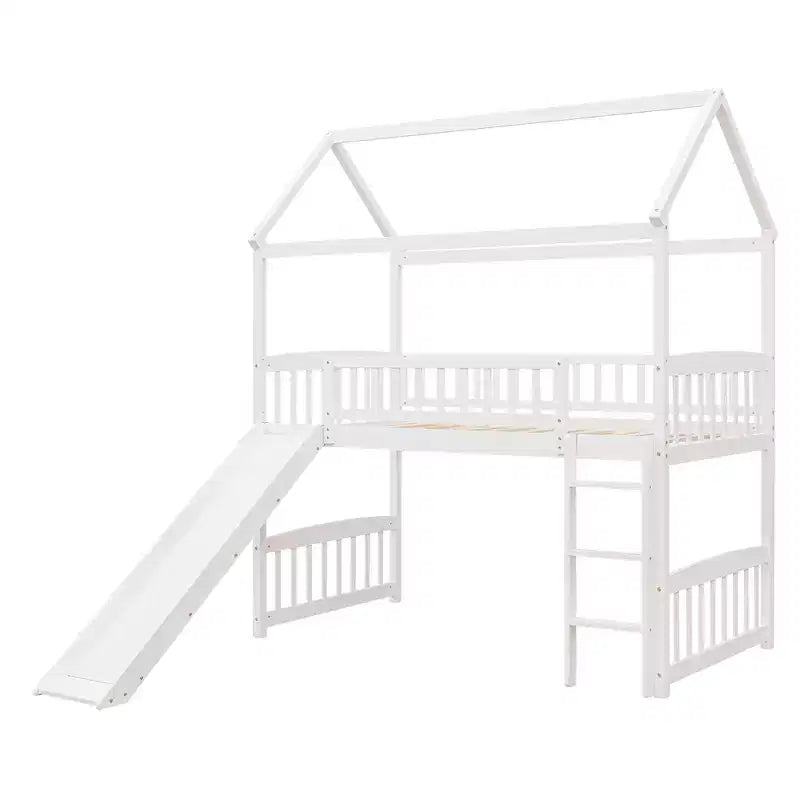 Twin House Loft Bed with Slide, Wood Playhouse Loft Bed Frame with Ladder and Roof