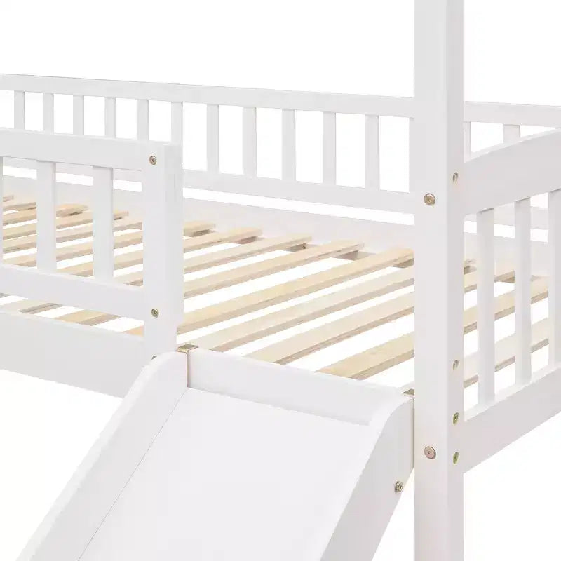 Twin House Loft Bed with Slide, Wood Playhouse Loft Bed Frame with Ladder and Roof