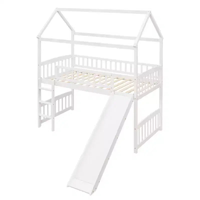 Twin House Loft Bed with Slide, Wood Playhouse Loft Bed Frame with Ladder and Roof