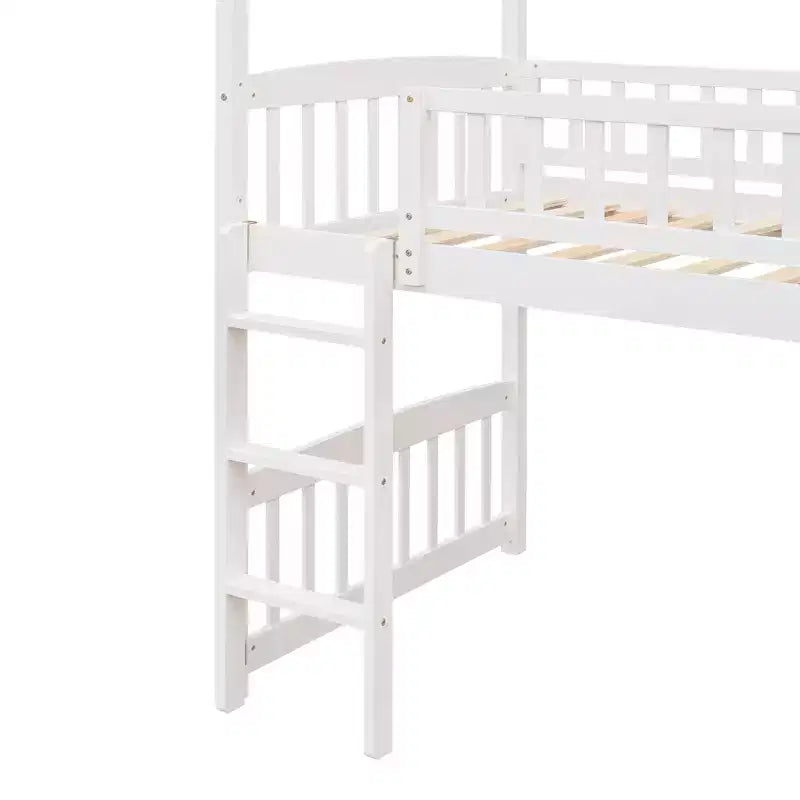 Twin House Loft Bed with Slide, Wood Playhouse Loft Bed Frame with Ladder and Roof