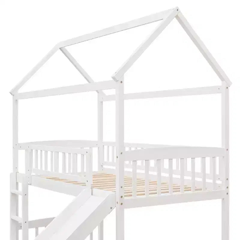 Twin House Loft Bed with Slide, Wood Playhouse Loft Bed Frame with Ladder and Roof