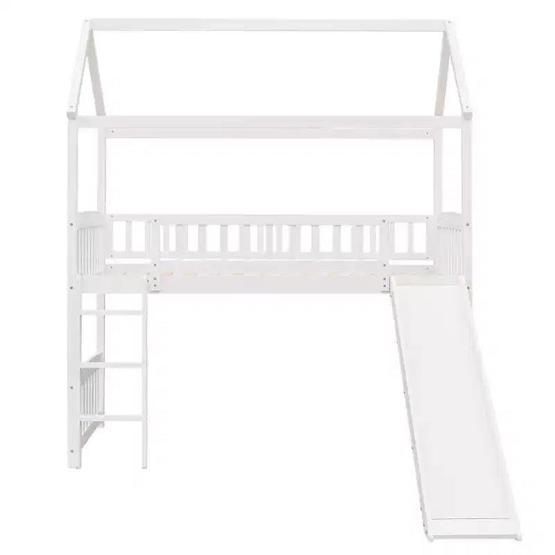 Twin House Loft Bed with Slide, Wood Playhouse Loft Bed Frame with Ladder and Roof