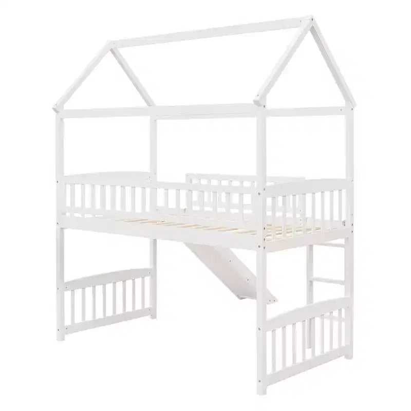 Twin House Loft Bed with Slide, Wood Playhouse Loft Bed Frame with Ladder and Roof