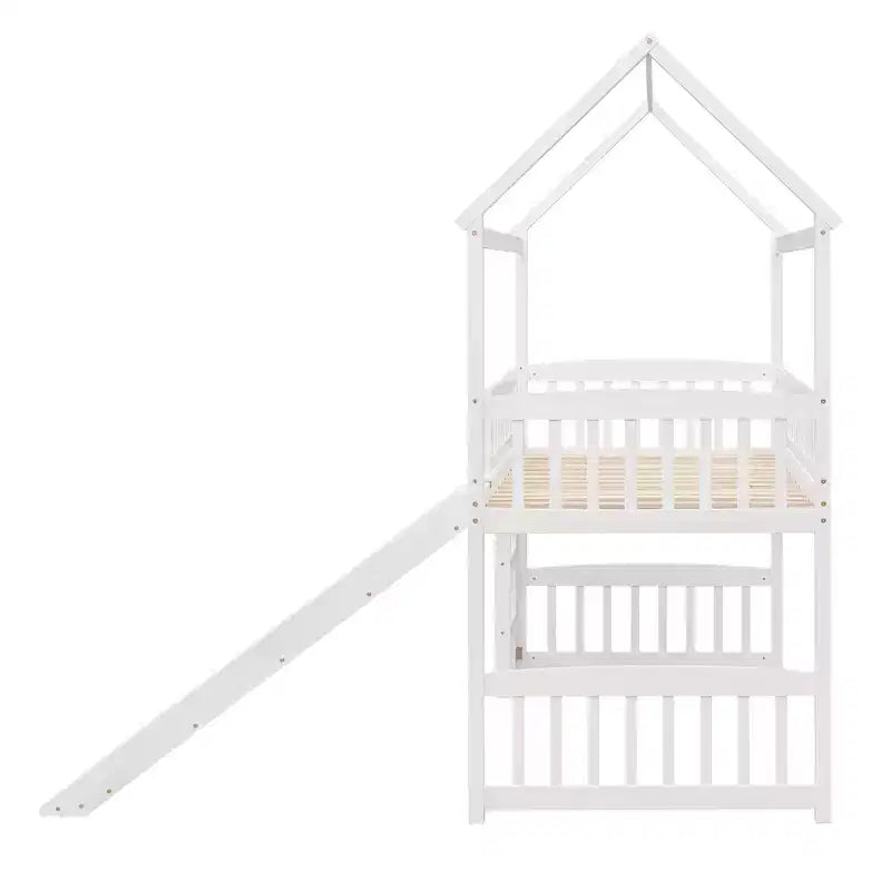 Twin House Loft Bed with Slide, Wood Playhouse Loft Bed Frame with Ladder and Roof