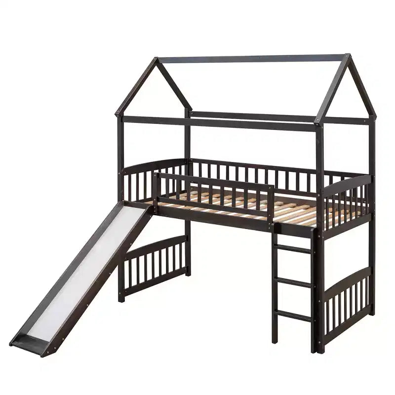 Twin House Loft Bed with Slide, Wood Playhouse Loft Bed Frame with Ladder and Roof