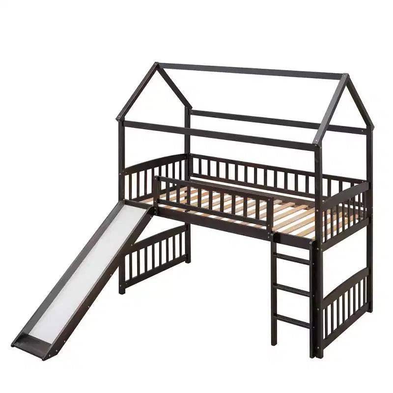 Twin House Loft Bed with Slide, Wood Playhouse Loft Bed Frame with Ladder and Roof