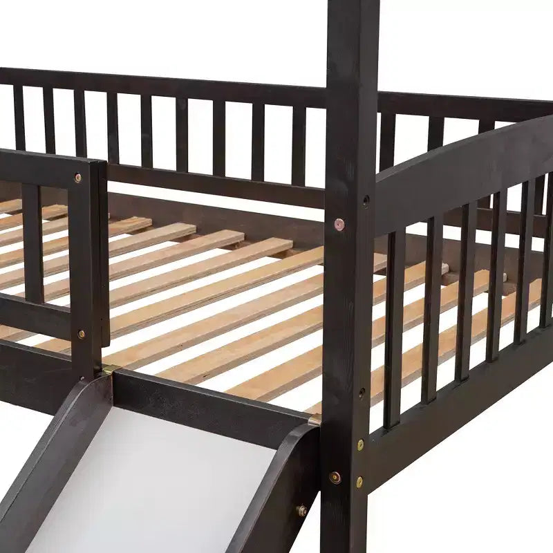 Twin House Loft Bed with Slide, Wood Playhouse Loft Bed Frame with Ladder and Roof