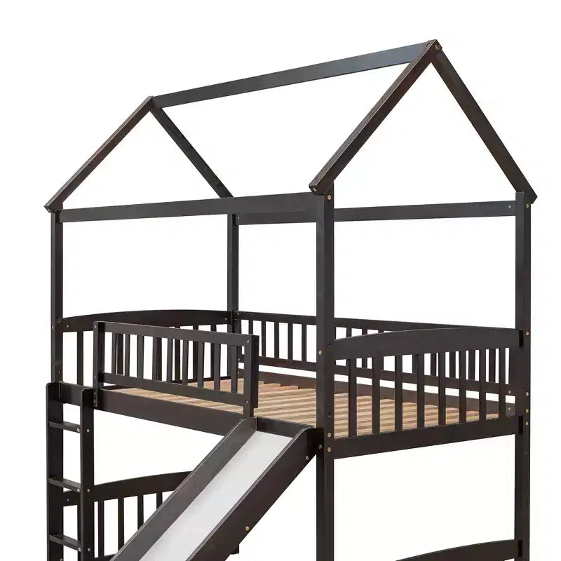 Twin House Loft Bed with Slide, Wood Playhouse Loft Bed Frame with Ladder and Roof