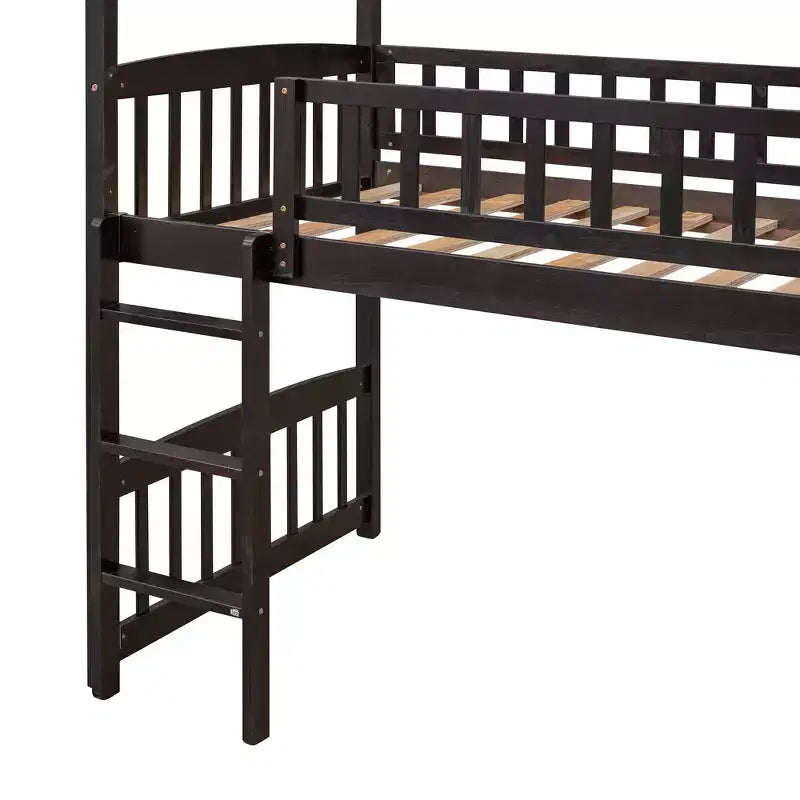 Twin House Loft Bed with Slide, Wood Playhouse Loft Bed Frame with Ladder and Roof